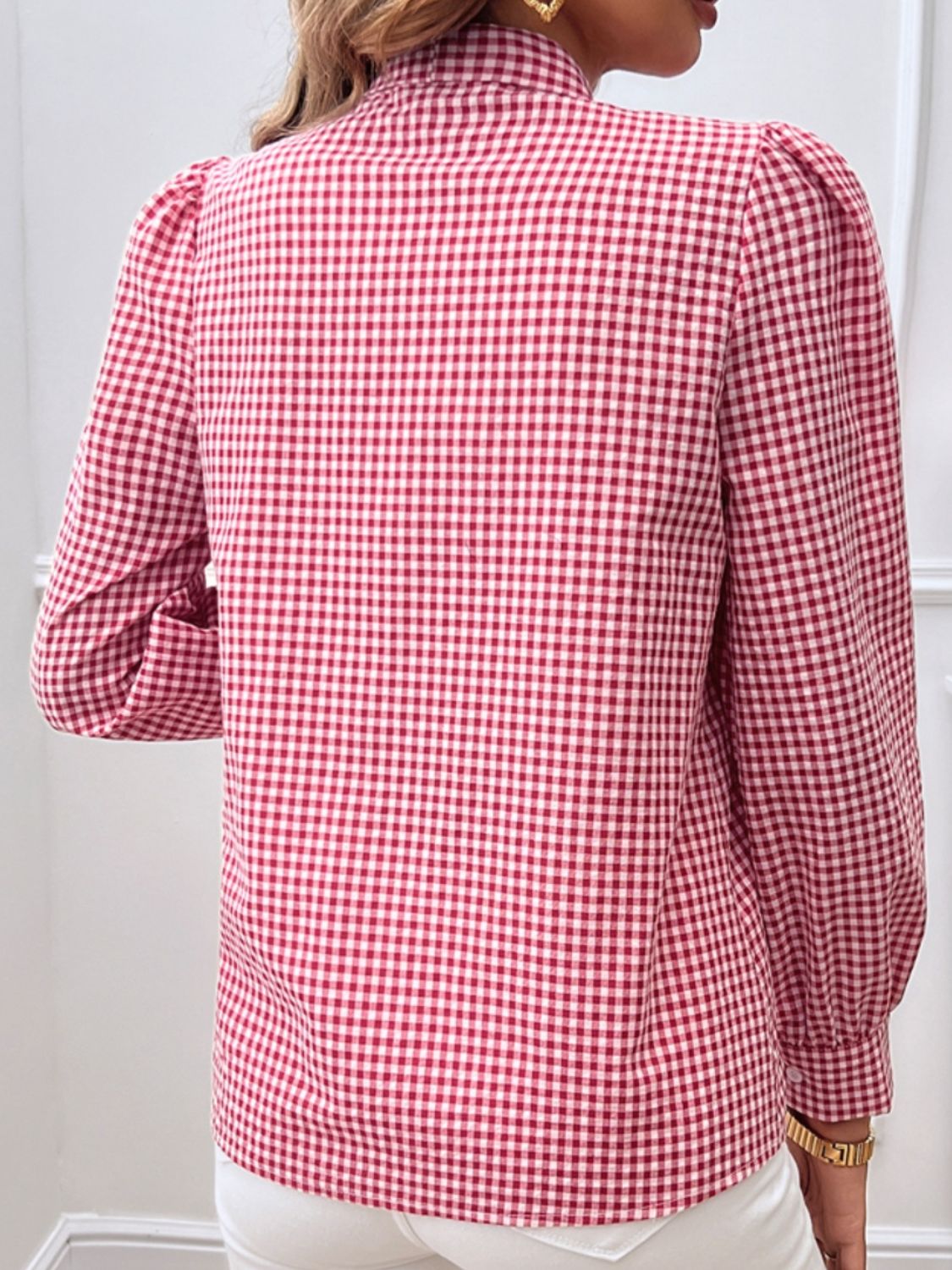 Devine Pocketed Plaid Tie Neck Long Sleeve Shirt