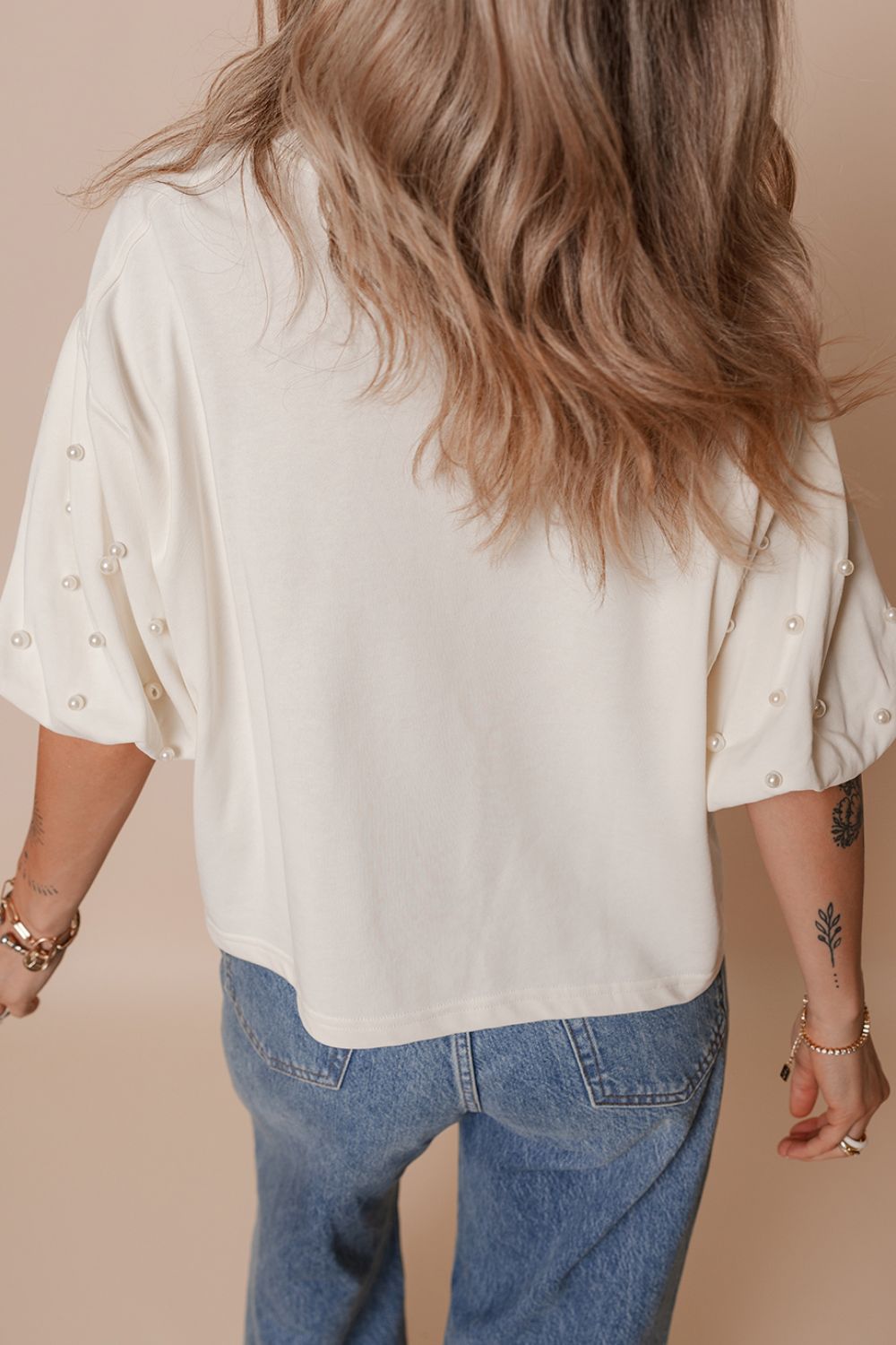 Pearl Detail Round Neck Half Sleeve Blouse