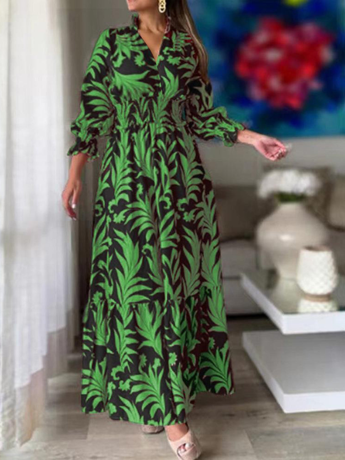 Printed Flounce Sleeve Maxi Dress