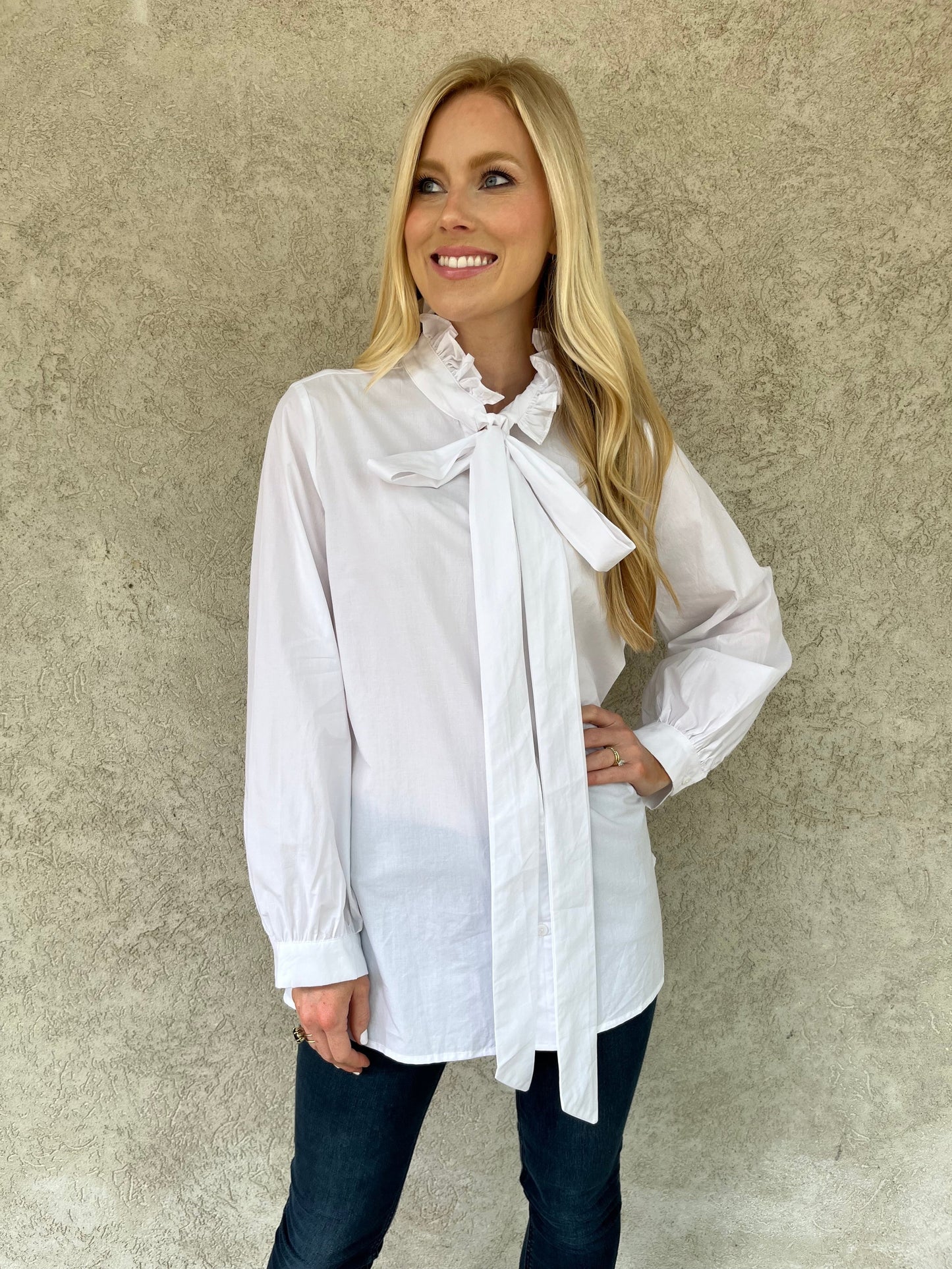 White Stretch Poplin A-Line Bow Front Blouse