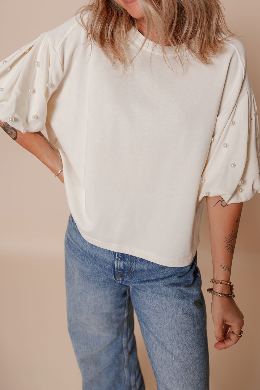 Pearl Detail Round Neck Half Sleeve Blouse