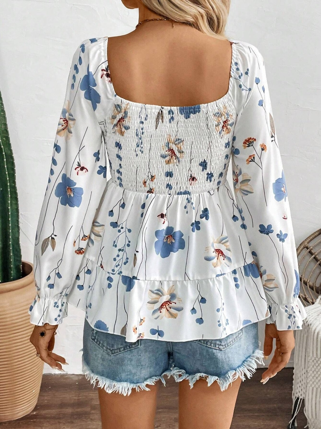 Smocked Floral Scoop Neck Flounce Sleeve Blouse