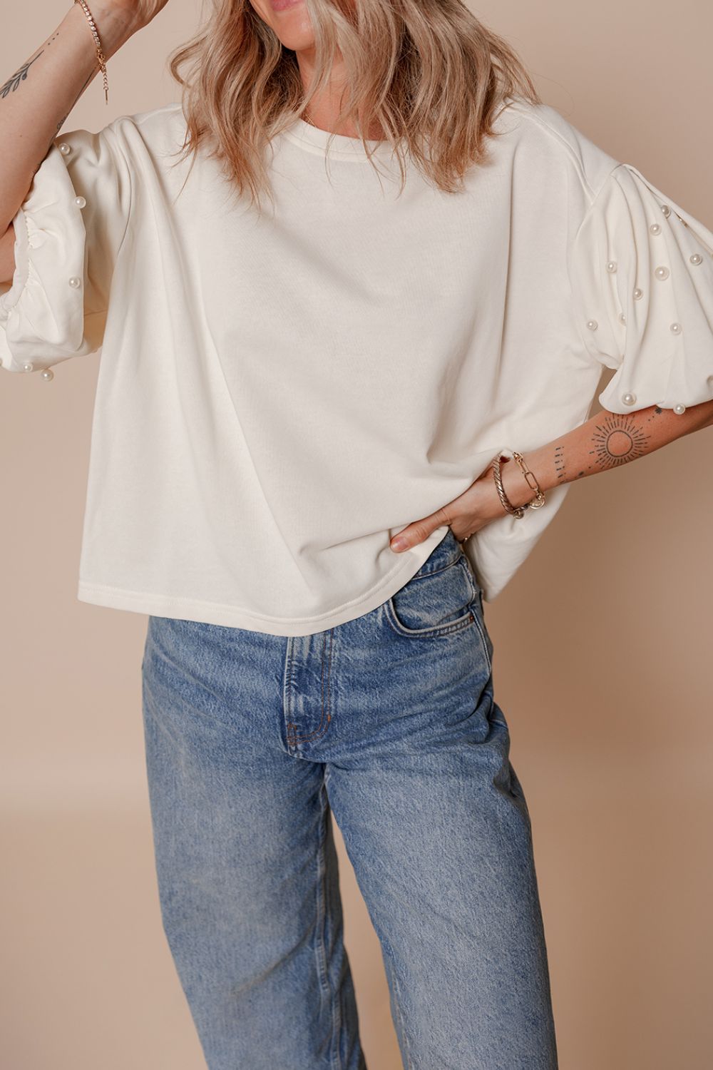 Pearl Detail Round Neck Half Sleeve Blouse