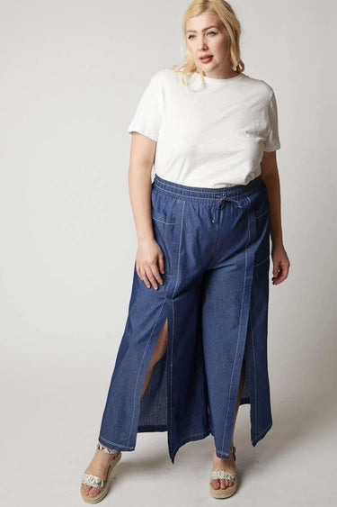 Solid Front Slit Casual Pant with Pockets Dark Denim